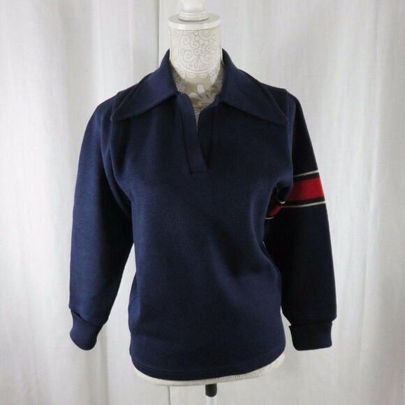 Vintage 60s L Coleman Knitting Mills Navy Blue Red Stripe Sweater Hipster Mod - Picture 1 of 12